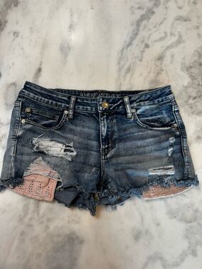 American Eagle Size 12 Distressed Denim Short, Shorts with Pink Lace Accent